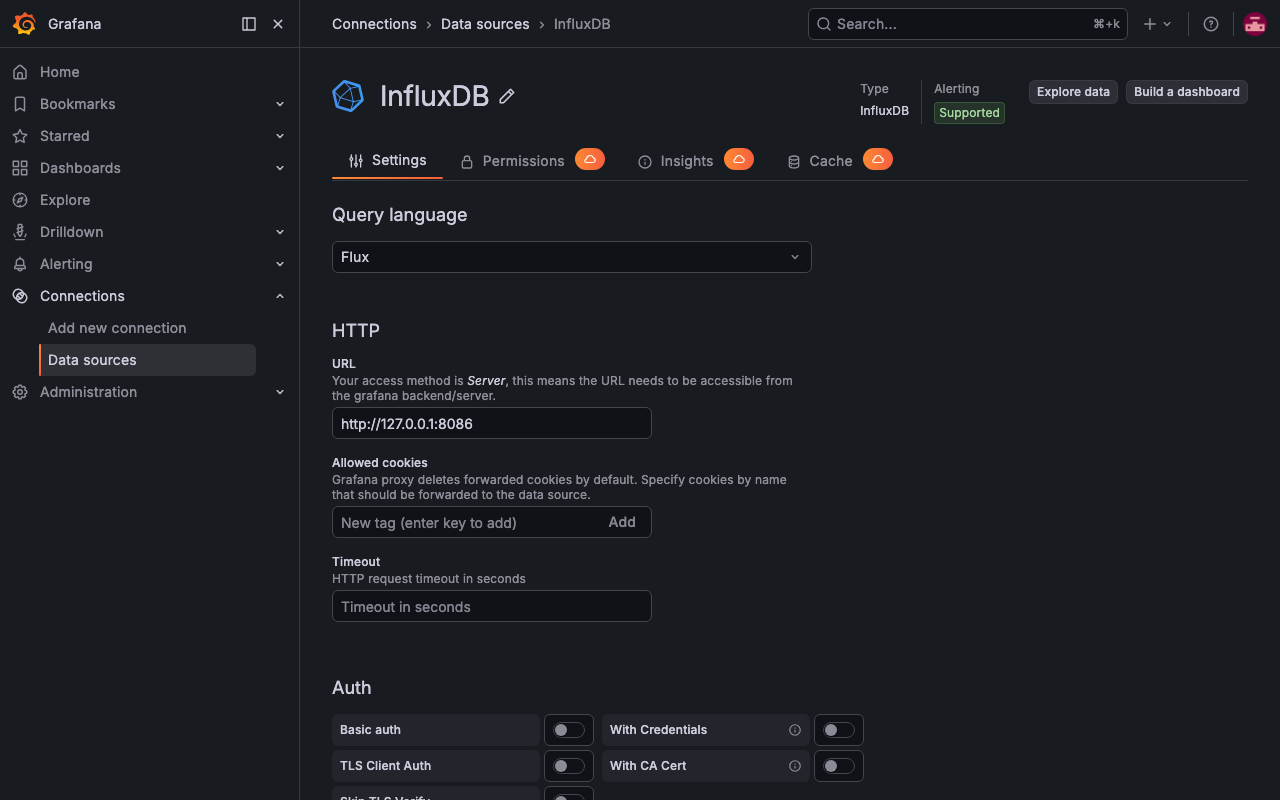 The pre-provisioned InfluxDB datasource, set as default and using Flux