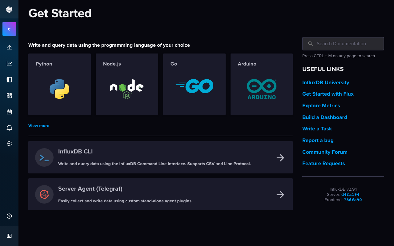 The InfluxDB 2 web UI — Data Explorer, Buckets, Tasks, and Alerts