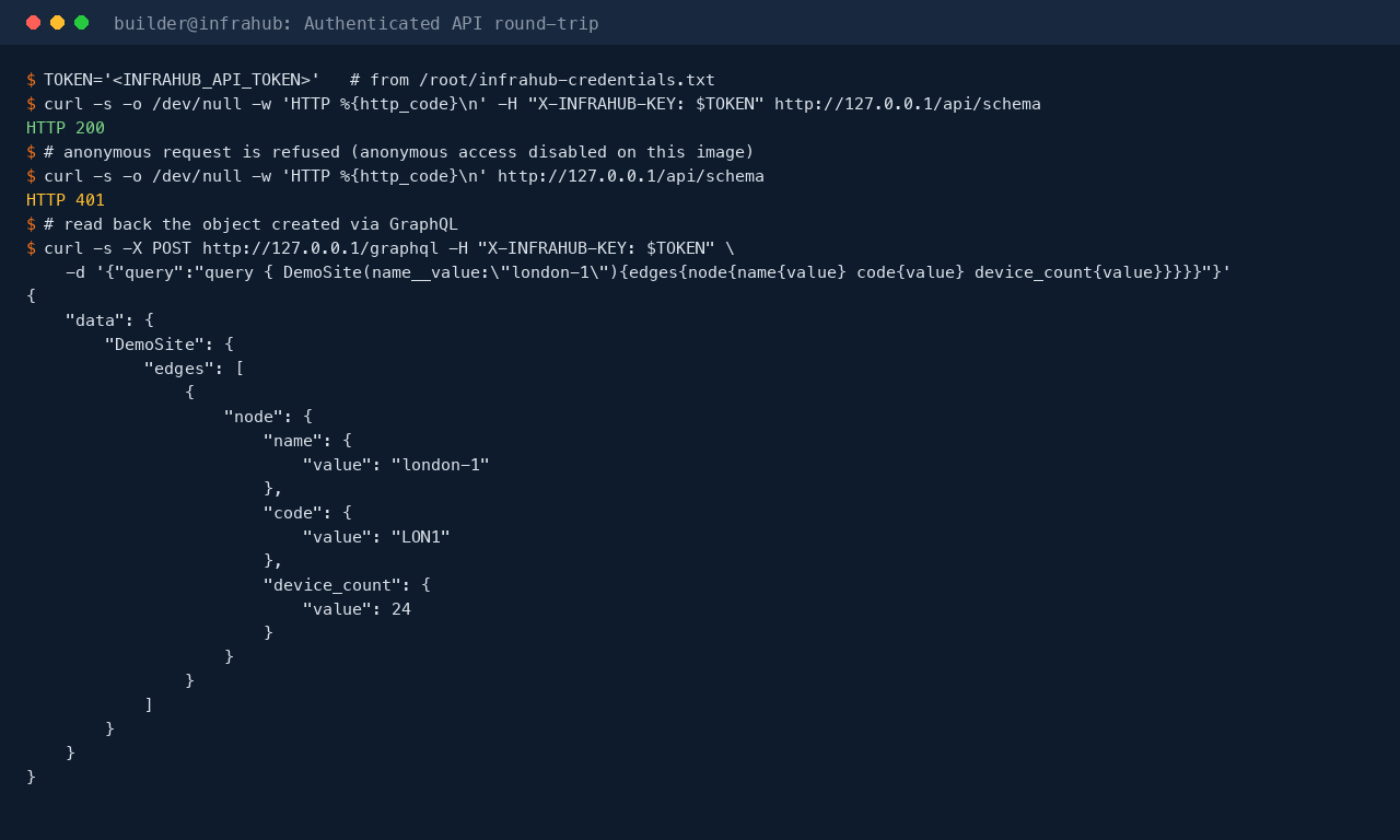 Terminal showing the API token reaching /api/schema with HTTP 200, the same request without the token refused with HTTP 401, and a GraphQL query reading back the london-1 site object with its code LON1 and device count 24