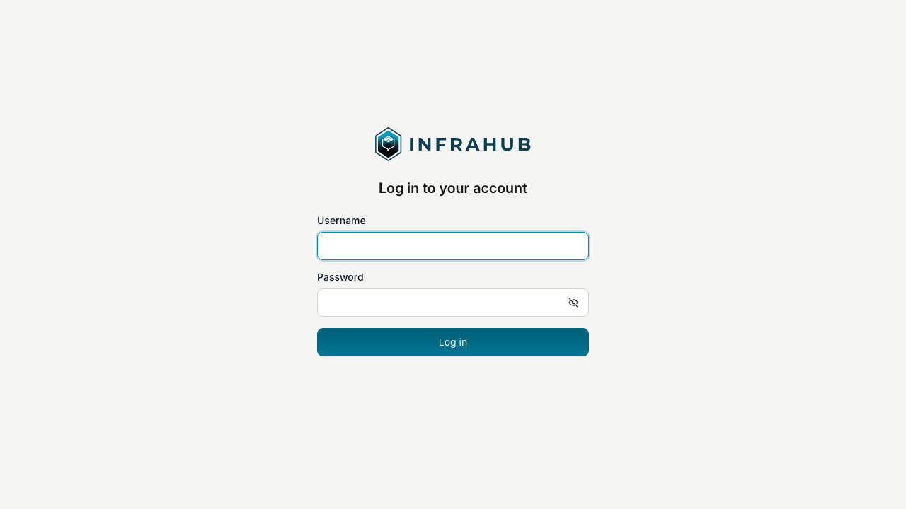 The Infrahub web interface login page, showing the Infrahub logo, a Username field, a Password field and a Log in button