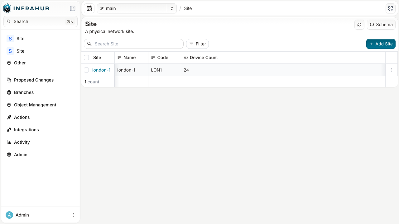 The Infrahub object explorer showing the Demo Site list with the london-1 object - Name london-1, Code LON1 and Device Count 24 - the object created through the GraphQL API rendered in the web interface