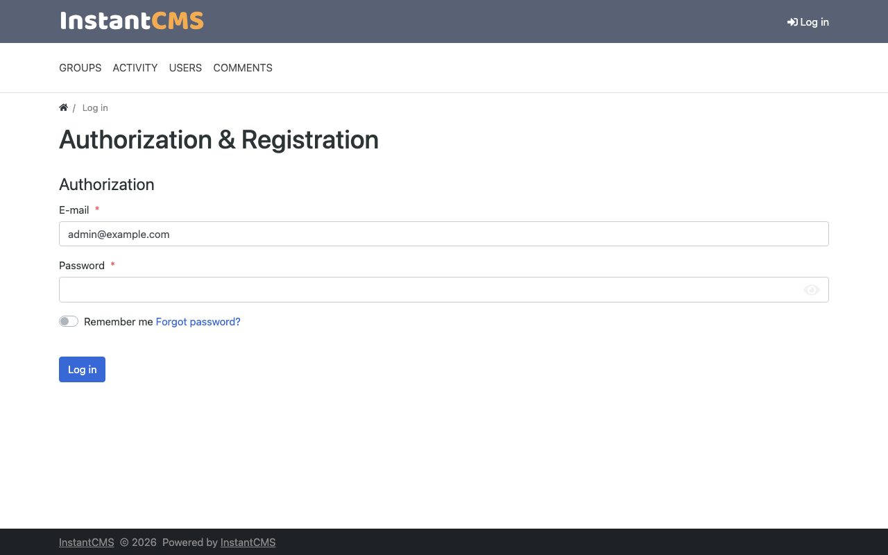 The InstantCMS sign in page with the E-mail and Password fields