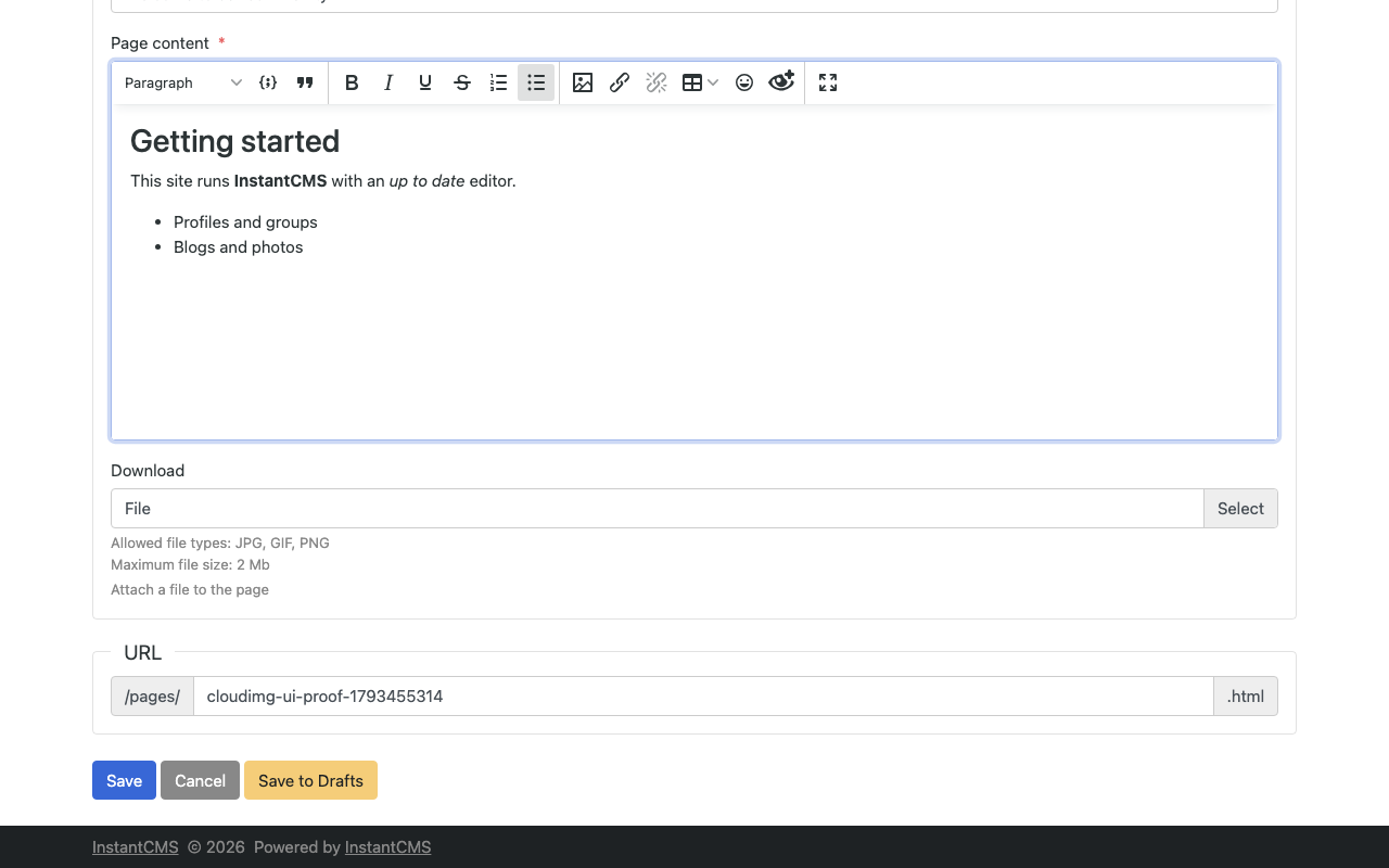 The TinyMCE 7.9.3 editor in the InstantCMS page form with a heading, bold and italic text and a list