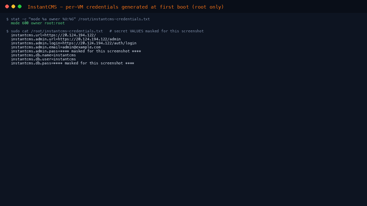 Per-VM credentials file with passwords masked