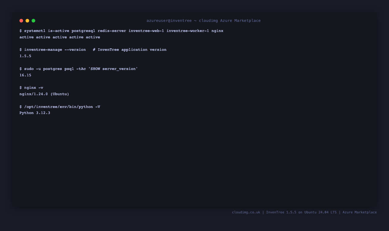 The InvenTree stack running, with application, database, web server and Python versions