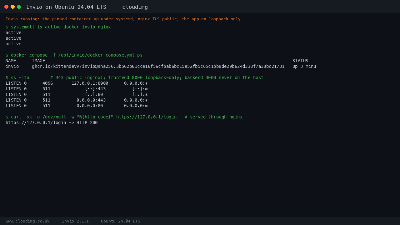 Invio running: the pinned container under systemd, nginx TLS public, the app on loopback only