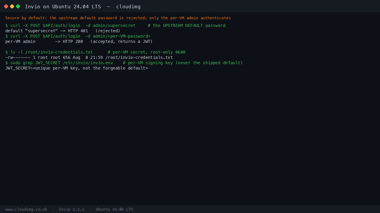 The per VM admin password and unique signing key generated on first boot; the upstream default password is rejected