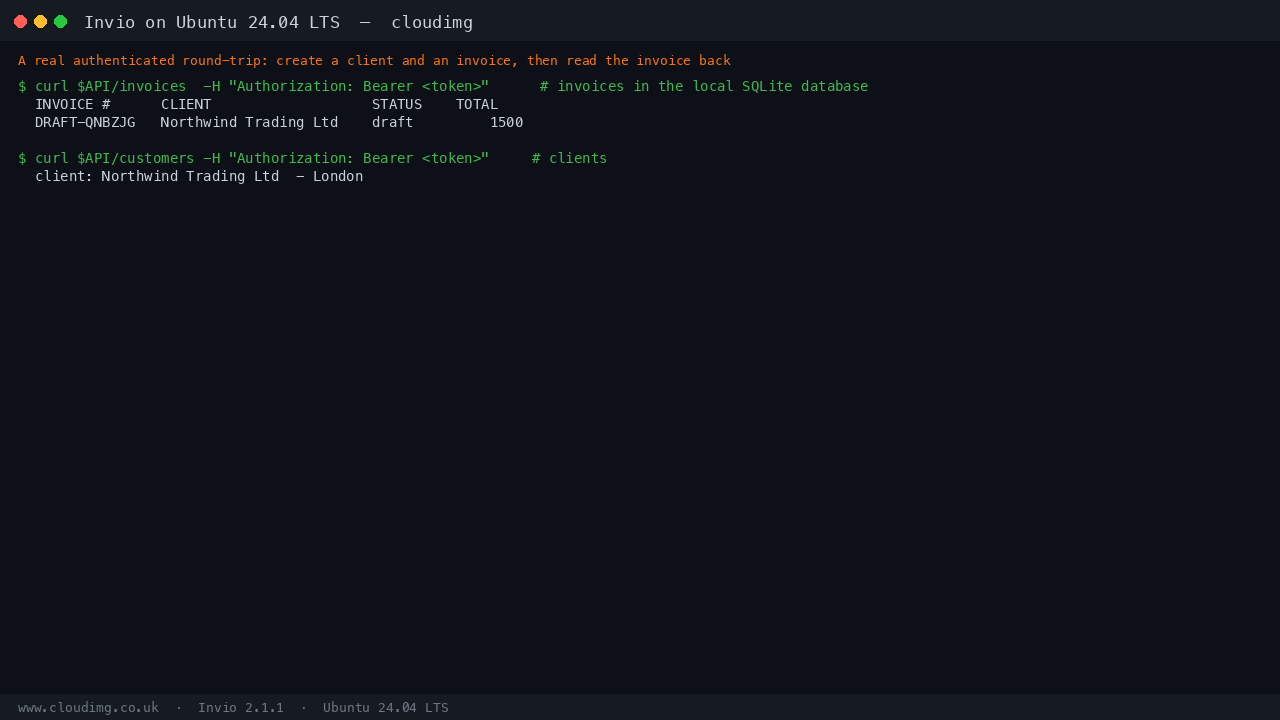 A real authenticated round trip: a client and an invoice created and read back from the local SQLite database
