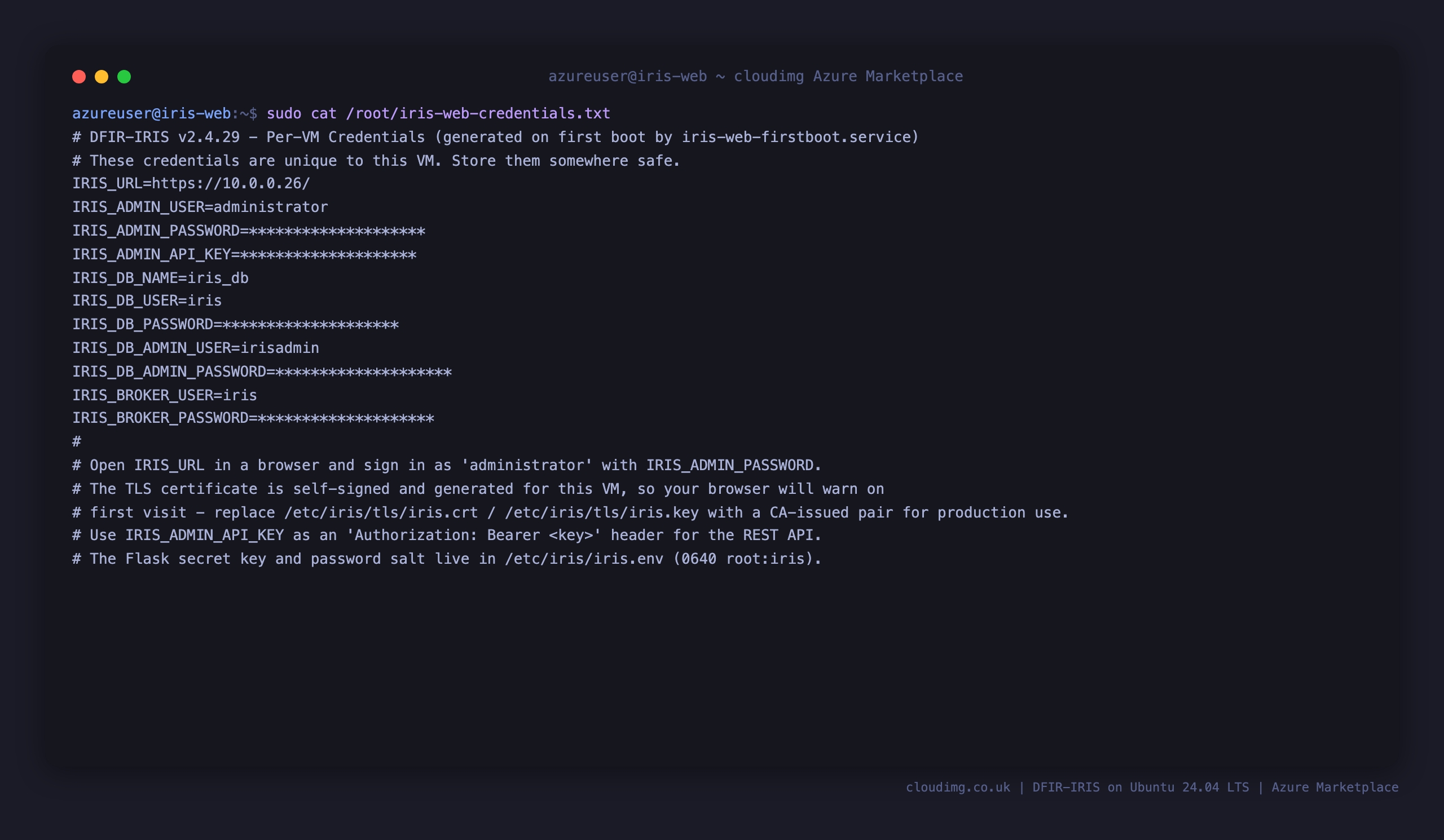 Per VM DFIR-IRIS credentials file with all secrets masked
