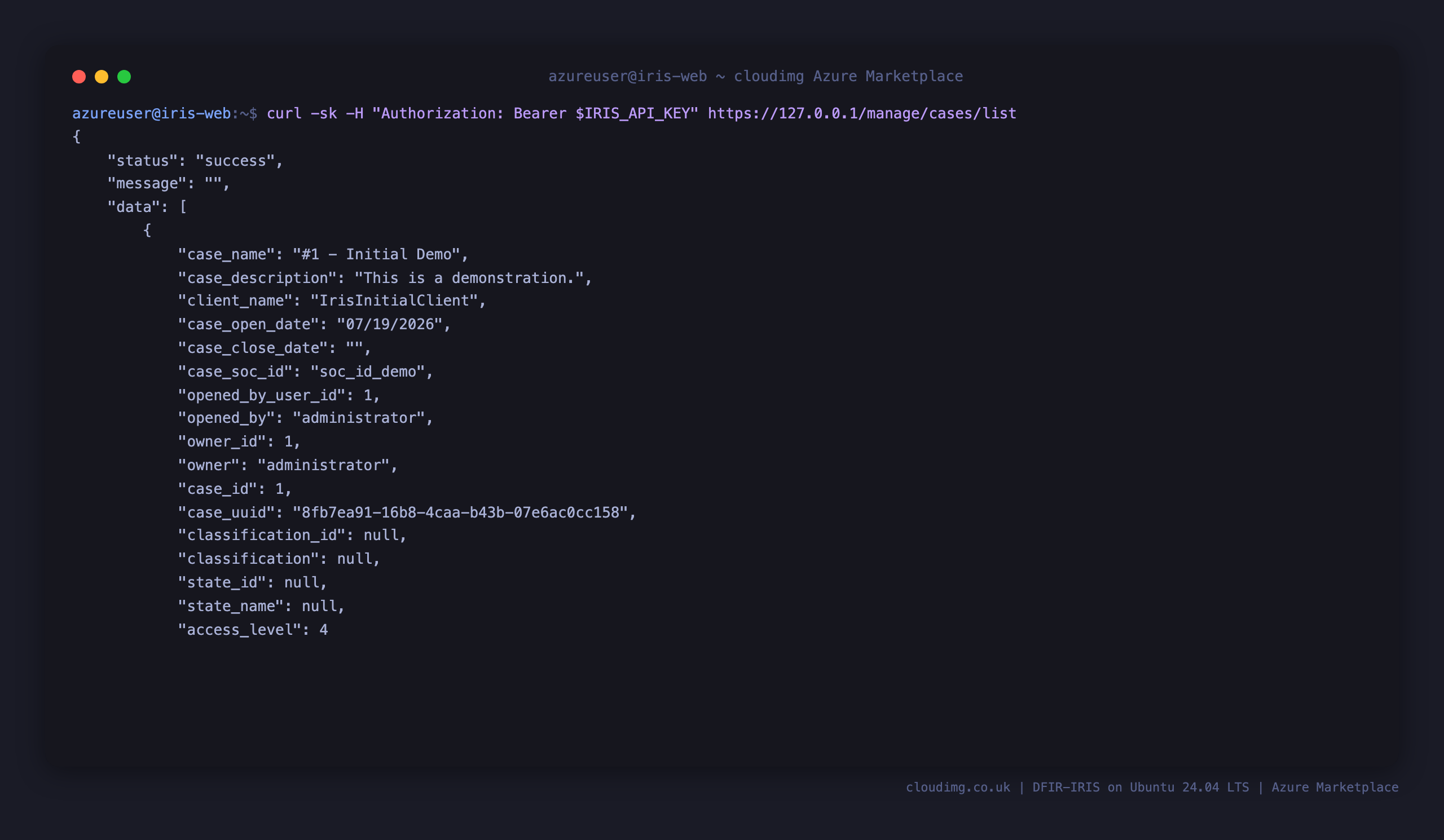 DFIR-IRIS cases listed through the authenticated REST API