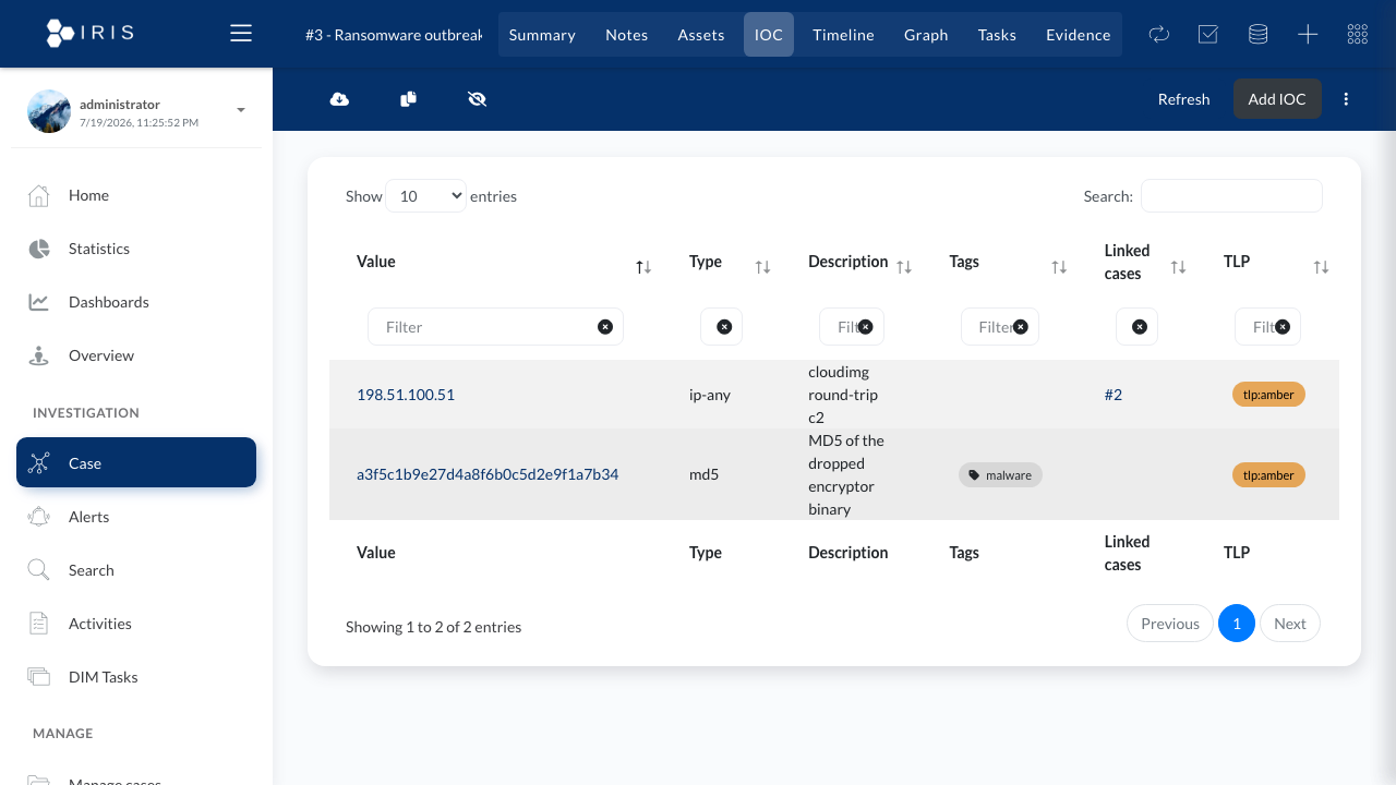 DFIR-IRIS IOC tab listing recorded indicators of compromise