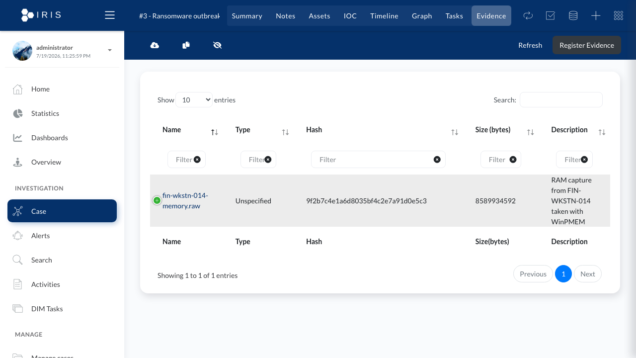 DFIR-IRIS evidence tab showing a registered memory capture and its hash