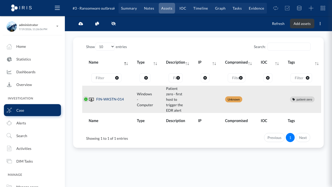 DFIR-IRIS assets tab listing an affected workstation