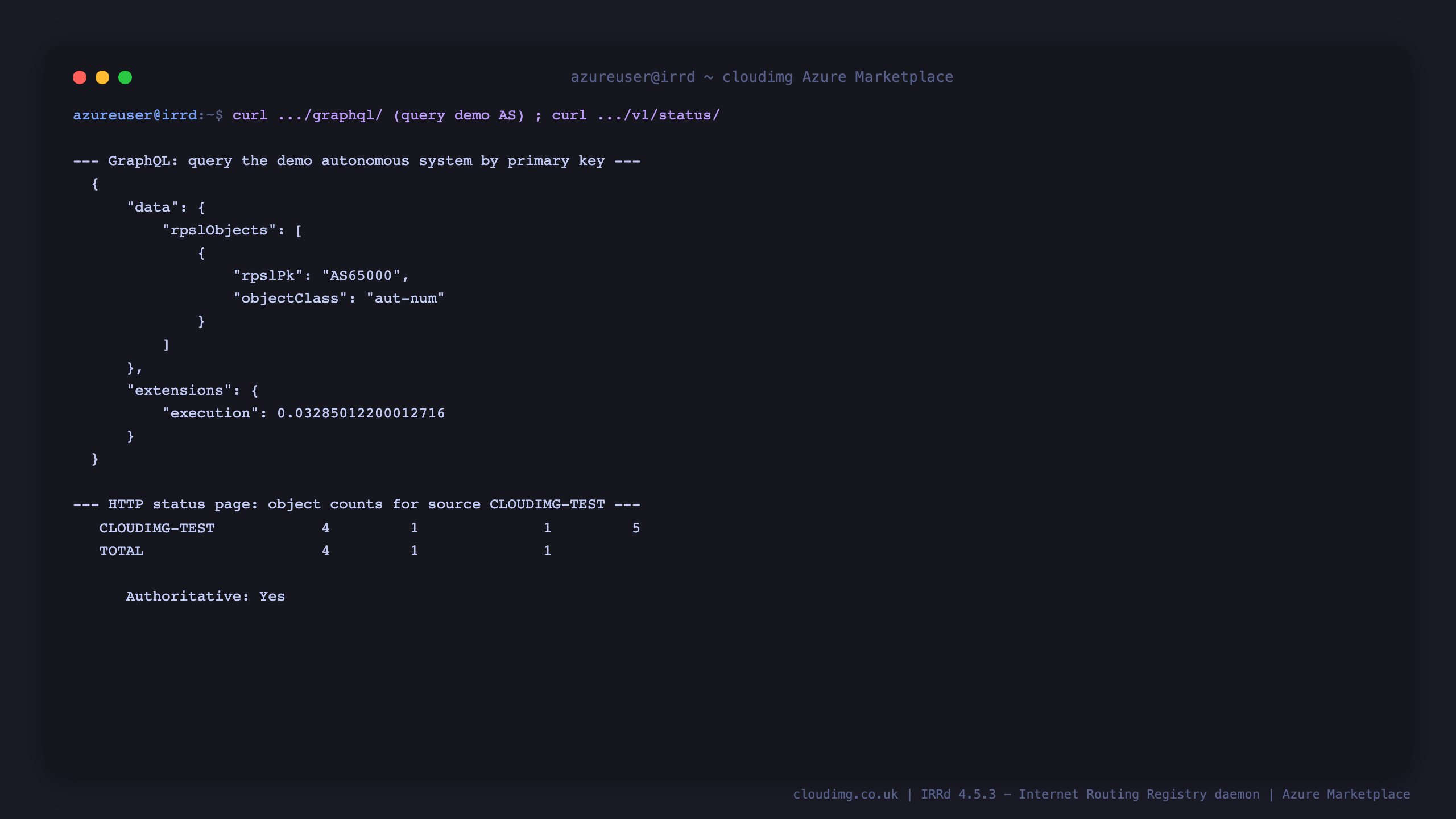 A GraphQL query for rpslObjects with primary key AS65000 returns the aut-num object, and the HTTP status page reports the CLOUDIMG-TEST source as Authoritative: Yes