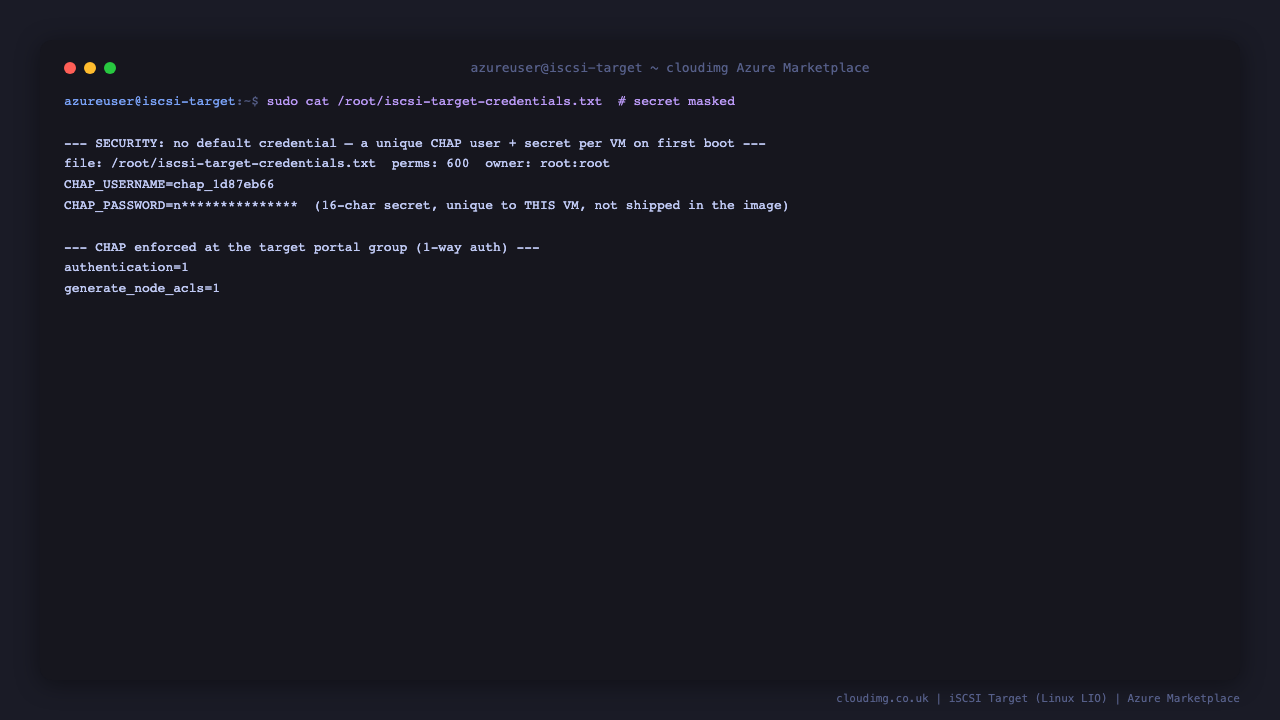 The security posture: the per VM credentials file is mode 600 owned by root, holding a CHAP username and a 16 character secret that is generated uniquely on each VM first boot, so the image ships no shared or default credential and exports no target until first boot completes