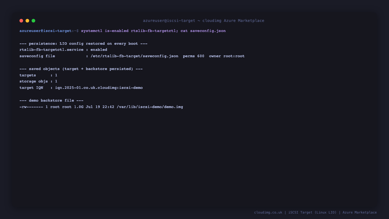 The persistence proof: rtslib-fb-targetctl.service is enabled so the LIO configuration is restored on every boot, and the saved configuration file records one target and one storage object, confirming the demo LUN survives reboots