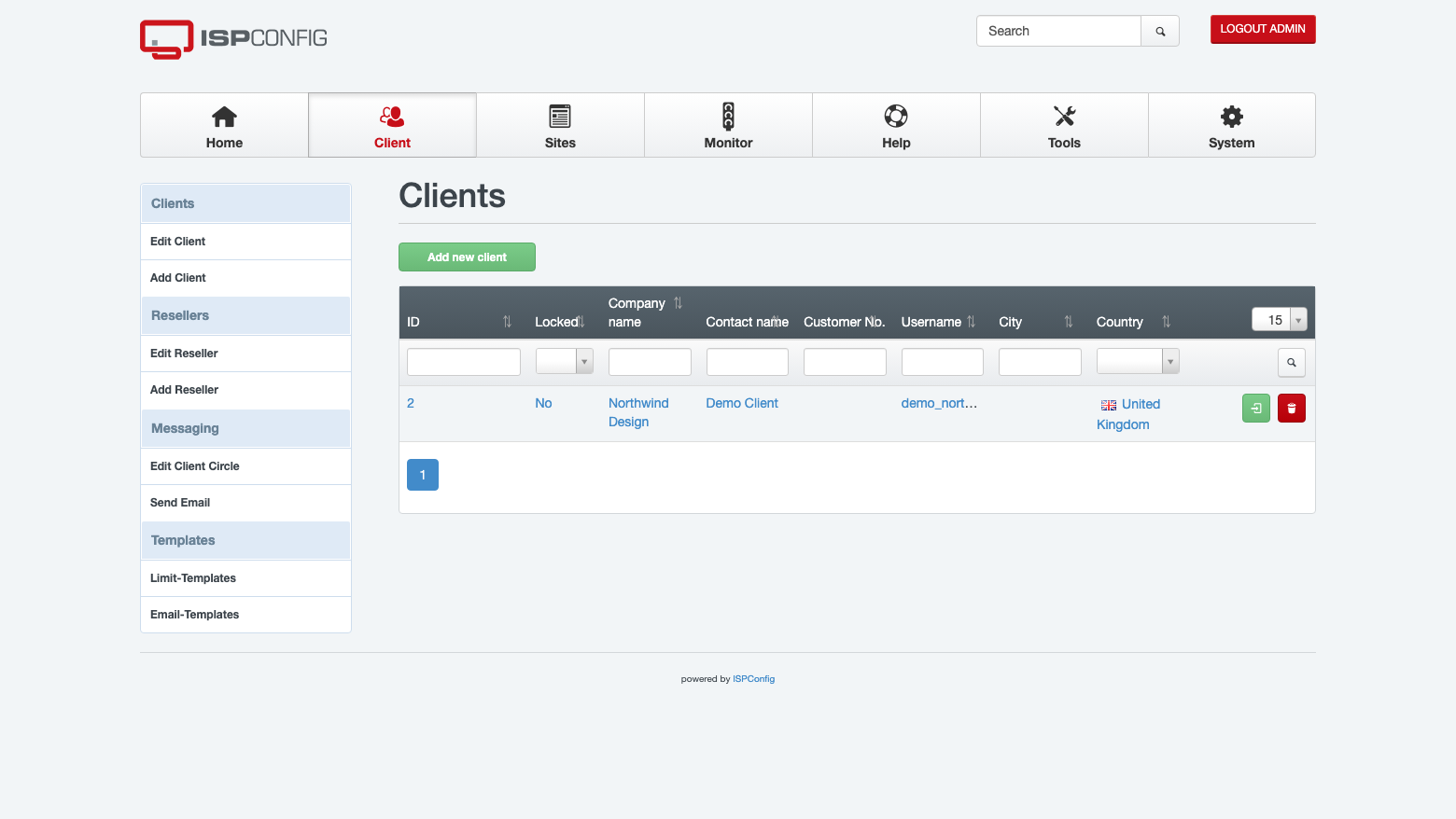 Clients list in the ISPConfig panel
