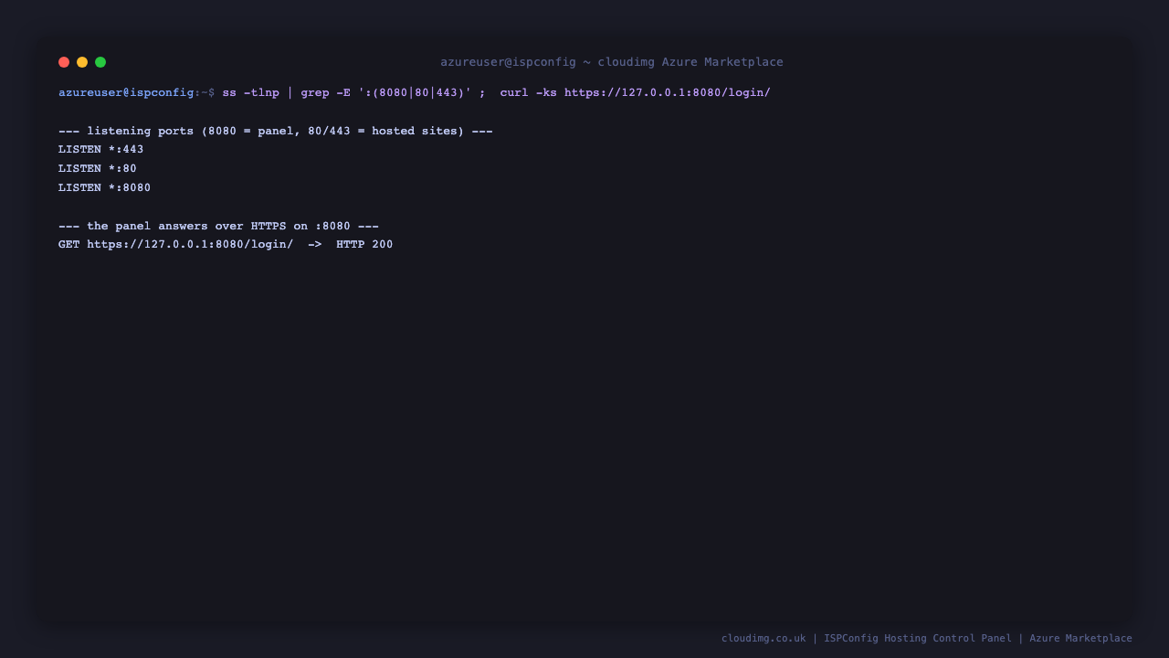 ss shows Apache listening on ports 8080, 80 and 443, with 8080 being the ISPConfig control panel and 80 and 443 the hosted web sites