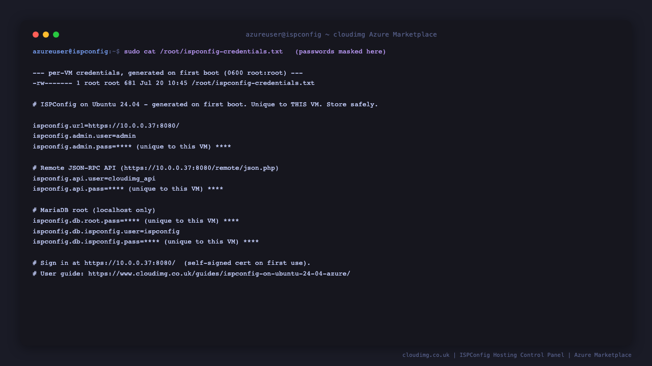 the credentials file, mode 0600 root only, listing the panel URL, the admin username, and the generated administrator, remote API and database passwords, all unique to this VM