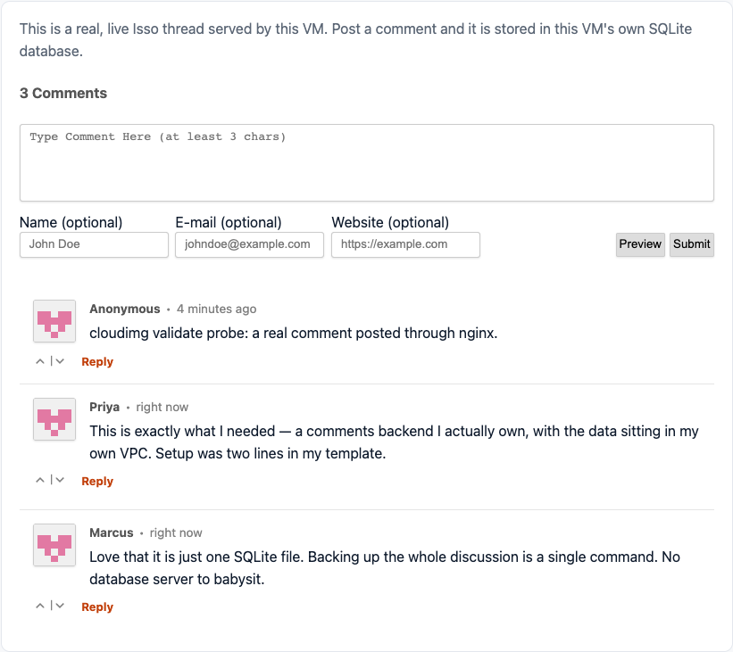 Isso comment widget showing a threaded discussion with replies, identicons and voting on the appliance's own demo page