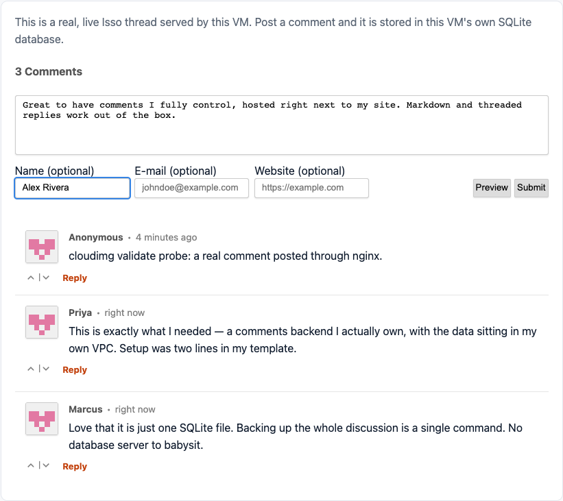 The appliance landing page showing the embed snippet and a live Isso thread with a comment being composed