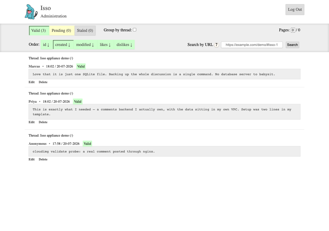 The Isso moderation dashboard signed in, showing valid comments with their threads, authors, timestamps and edit and delete controls