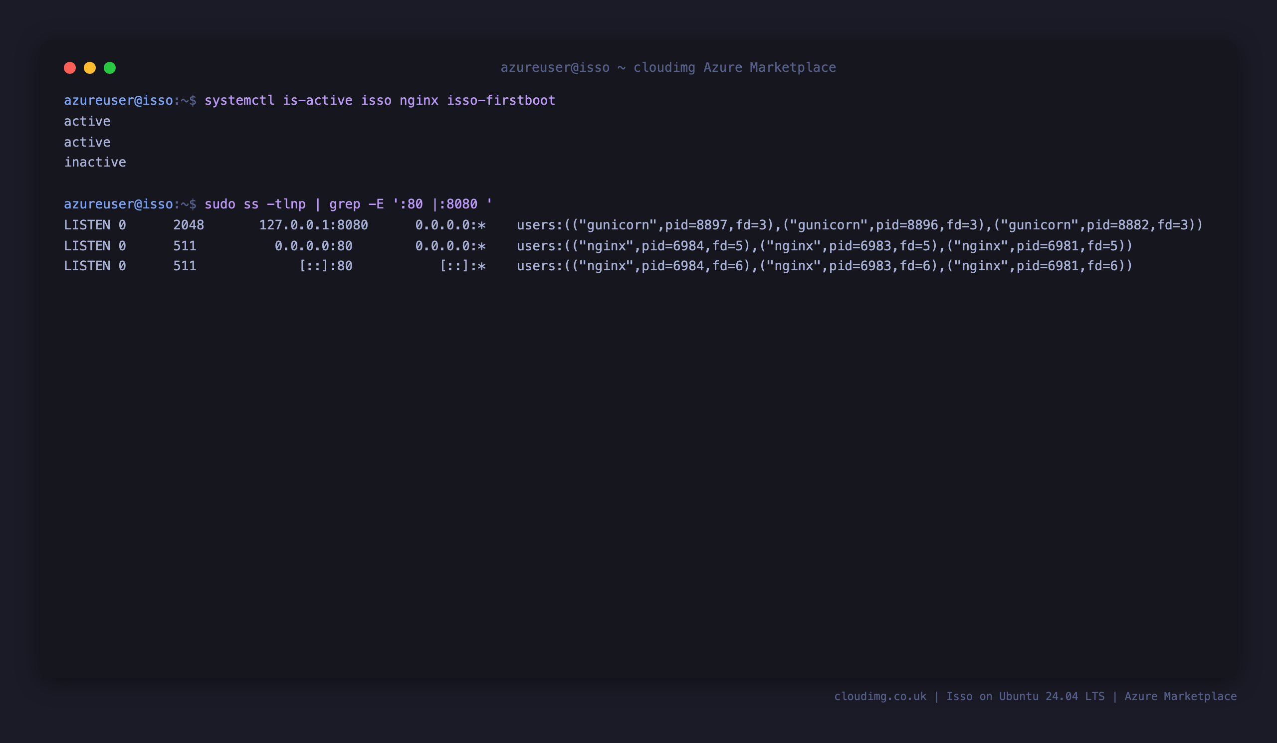 Terminal showing the isso, nginx and isso-firstboot units all active, with gunicorn bound to 127.0.0.1:8080 and nginx listening on port 80