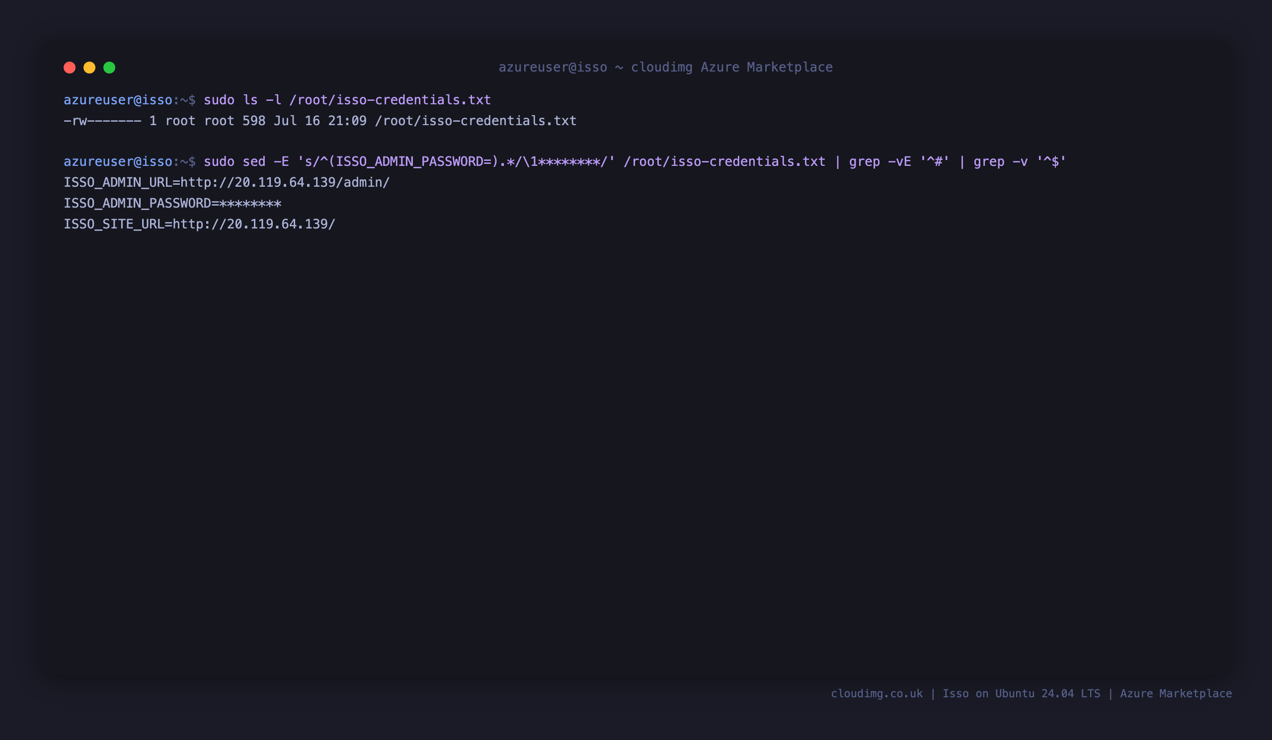 Terminal showing the credentials file is 0600 root:root, with the per VM admin password value redacted