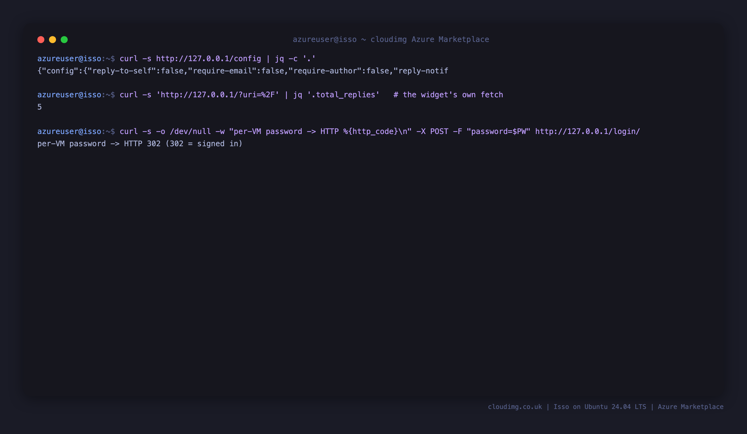 Terminal showing /config returning JSON, the widget's own fetch returning comment JSON, and the per VM password returning HTTP 302