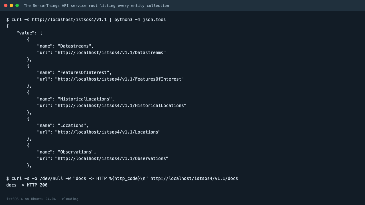 The SensorThings API service root listing every entity collection