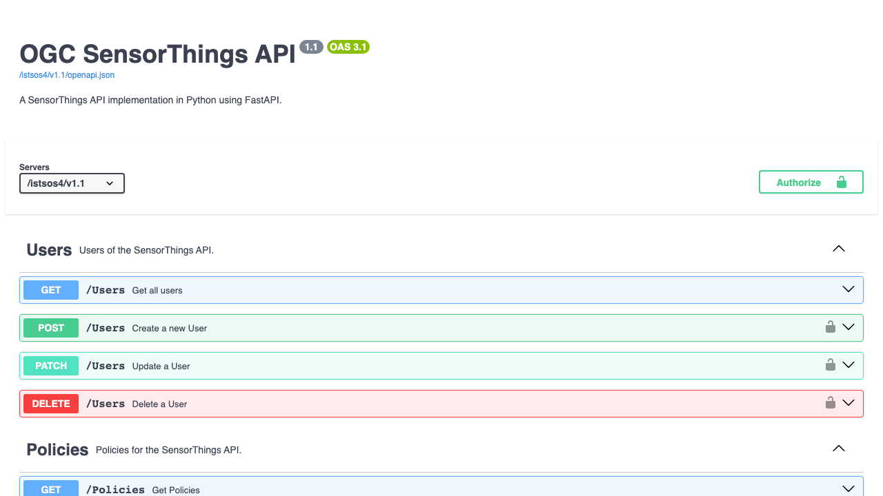The istSOS 4 interactive Swagger API explorer with anonymous reads and padlocked writes