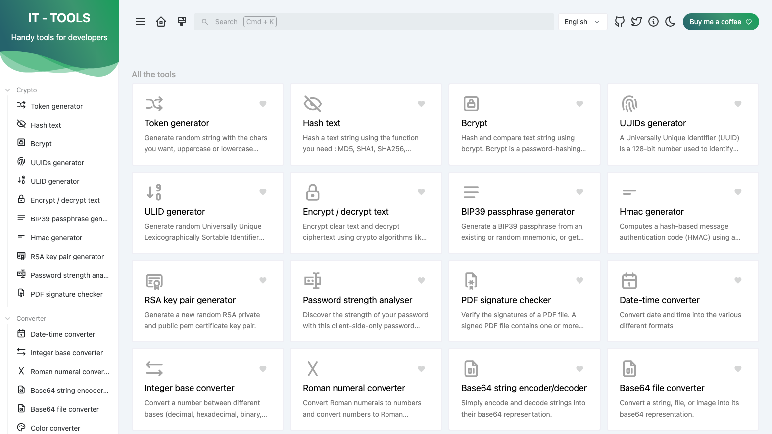 The IT Tools home page with the tool categories in the left menu and cards for the token generator, hash text, bcrypt, UUID generator, ULID generator and other tools