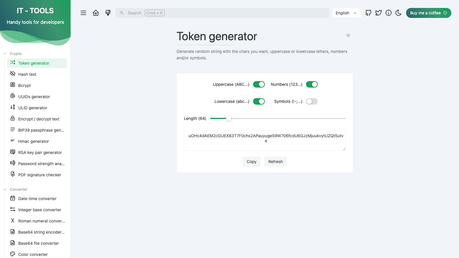 The IT Tools token generator with uppercase, lowercase and numbers selected, length 64 and a generated token with Copy and Refresh buttons