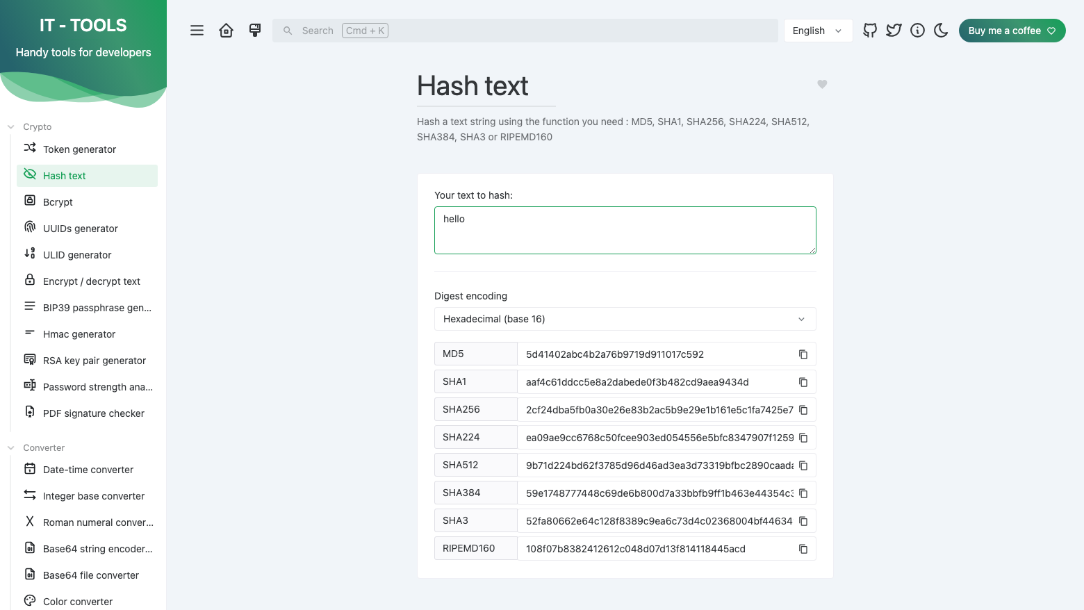 The IT Tools hash text page with the input hello and its MD5, SHA1, SHA256, SHA224, SHA512, SHA384, SHA3 and RIPEMD160 digests