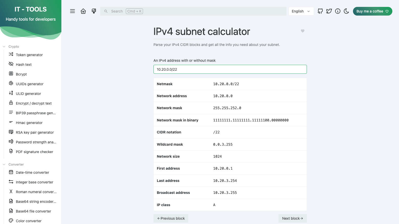 The IT Tools IPv4 subnet calculator for 10.20.0.0/22 showing network mask 255.255.252.0, wildcard 0.0.3.255, size 1024, first address 10.20.0.1, last 10.20.3.254 and broadcast 10.20.3.255
