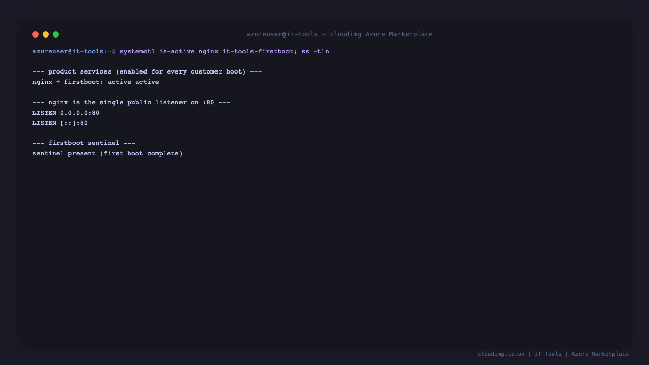 nginx and it-tools-firstboot services active, nginx listening on port 80