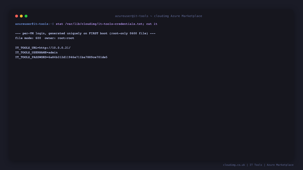 The per-VM credentials file, mode 0600 root:root, with the generated admin password