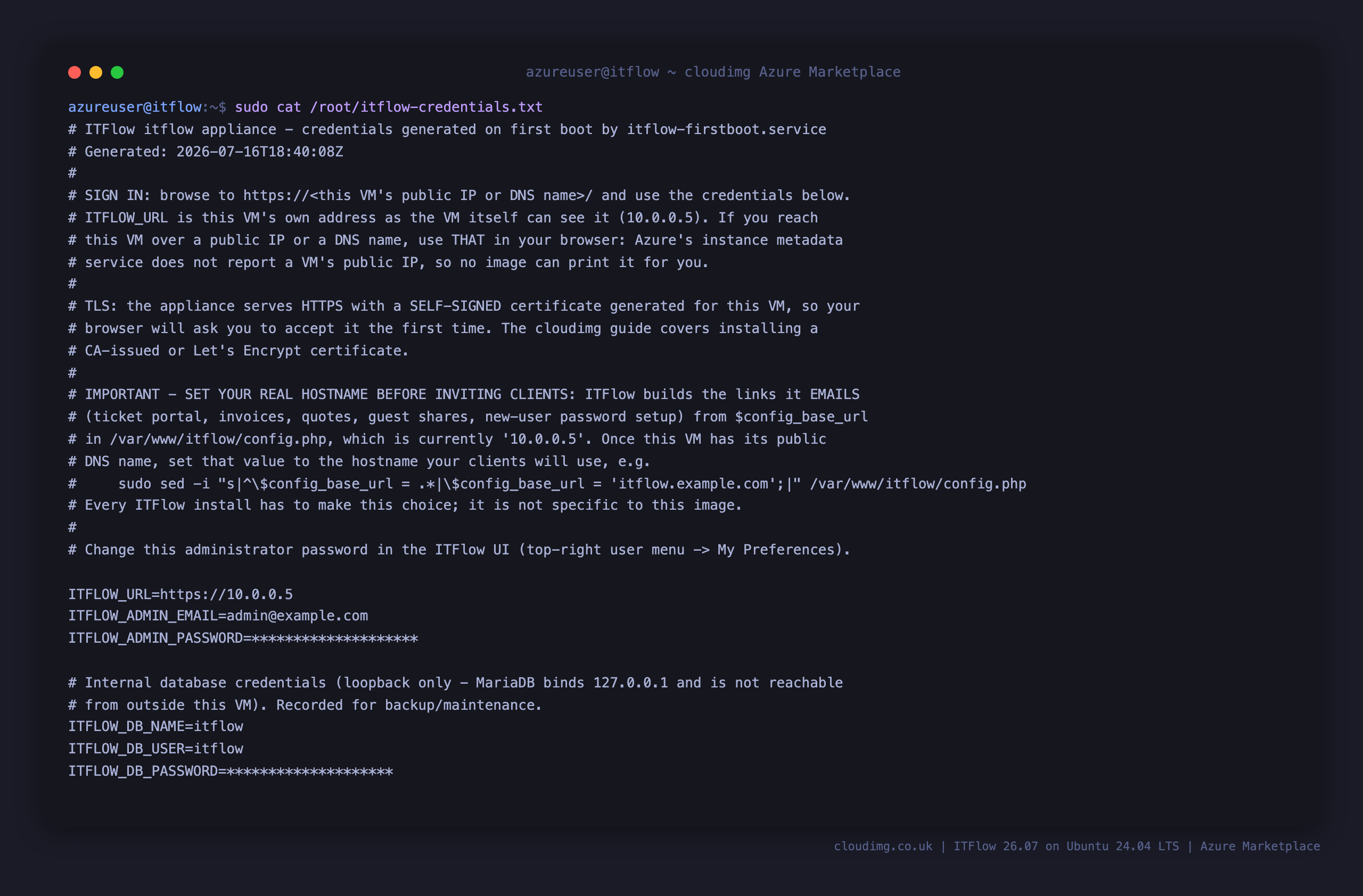 The per VM ITFlow credentials file, readable only by root