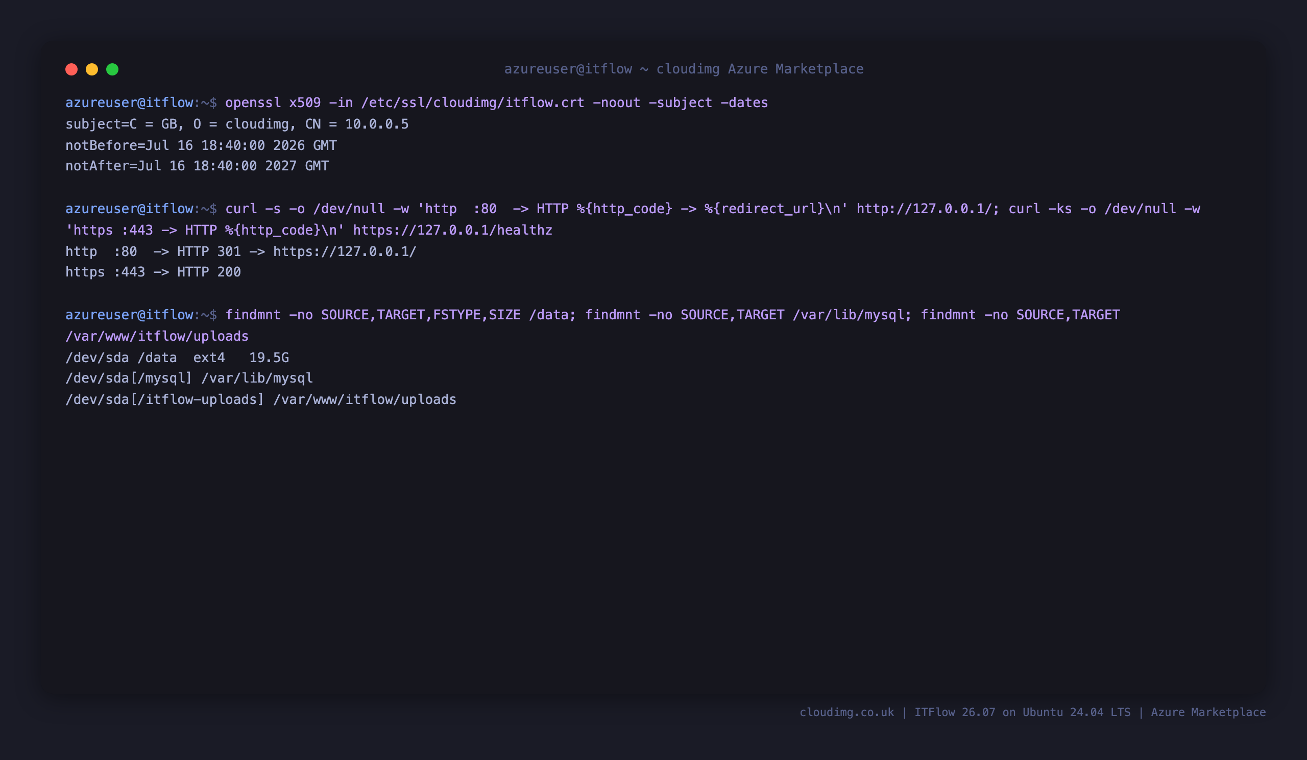 The ITFlow TLS certificate, HTTP to HTTPS redirect and data disk layout