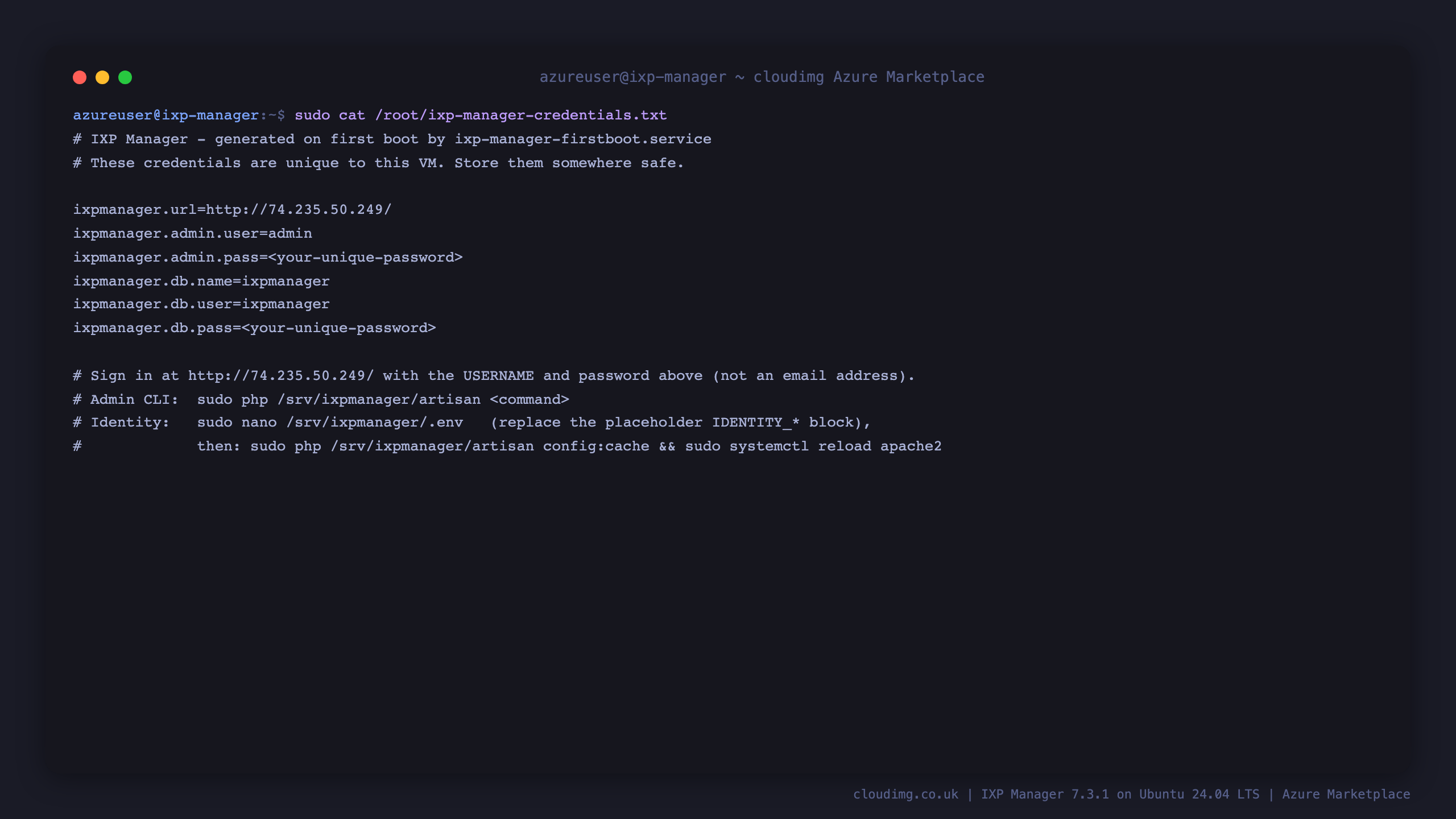 the credentials file lists the portal URL, the admin username, the generated admin password, and the database name, user and generated password, with a note that sign in is by username and not email address