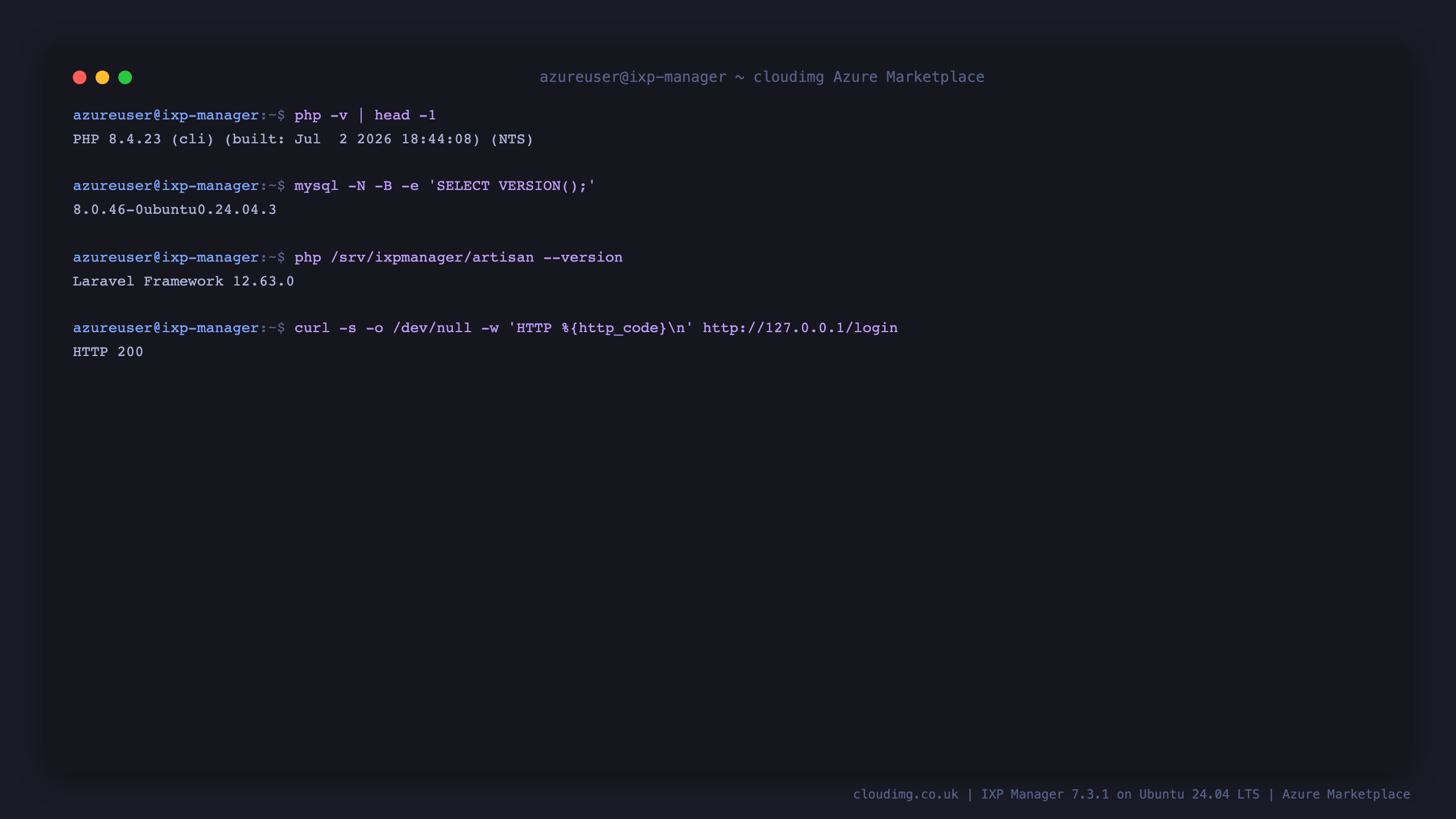php reports 8.4.23, MySQL reports 8.0.46, artisan reports Laravel Framework 12.63.0 and a curl of the local login page returns HTTP 200
