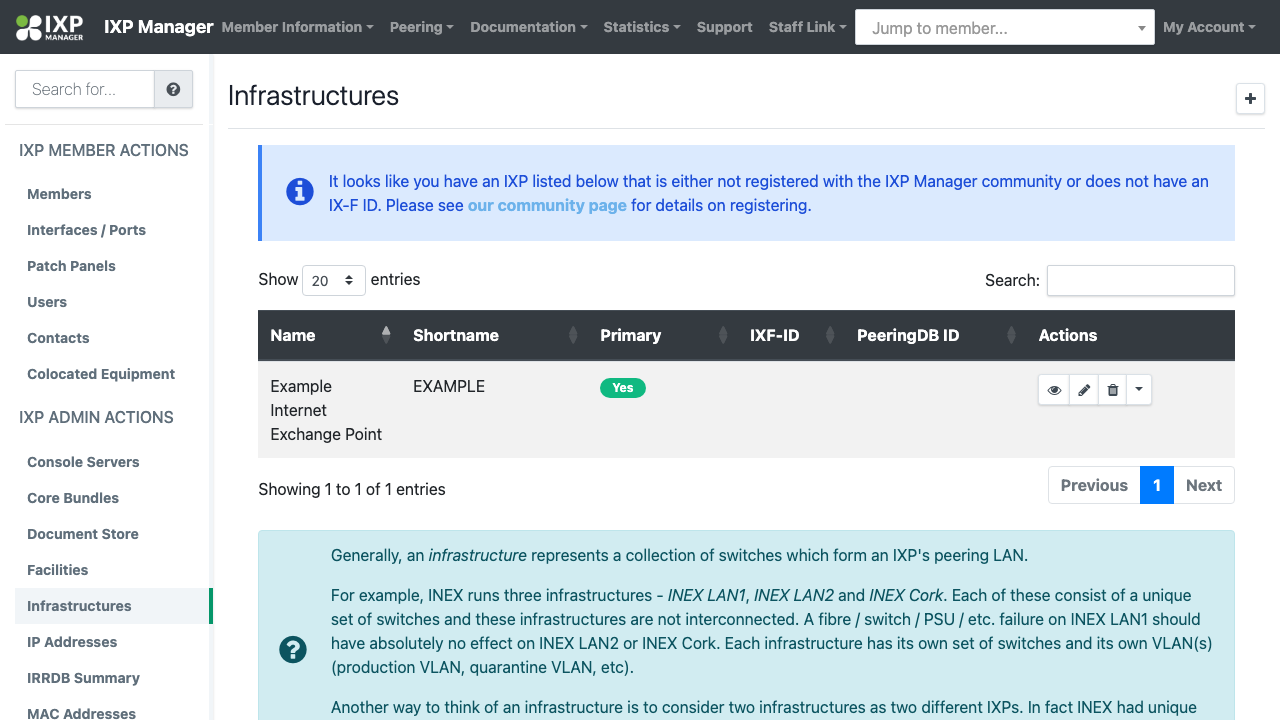 the Infrastructures List page showing the seeded EXAMPLE infrastructure marked as the primary infrastructure