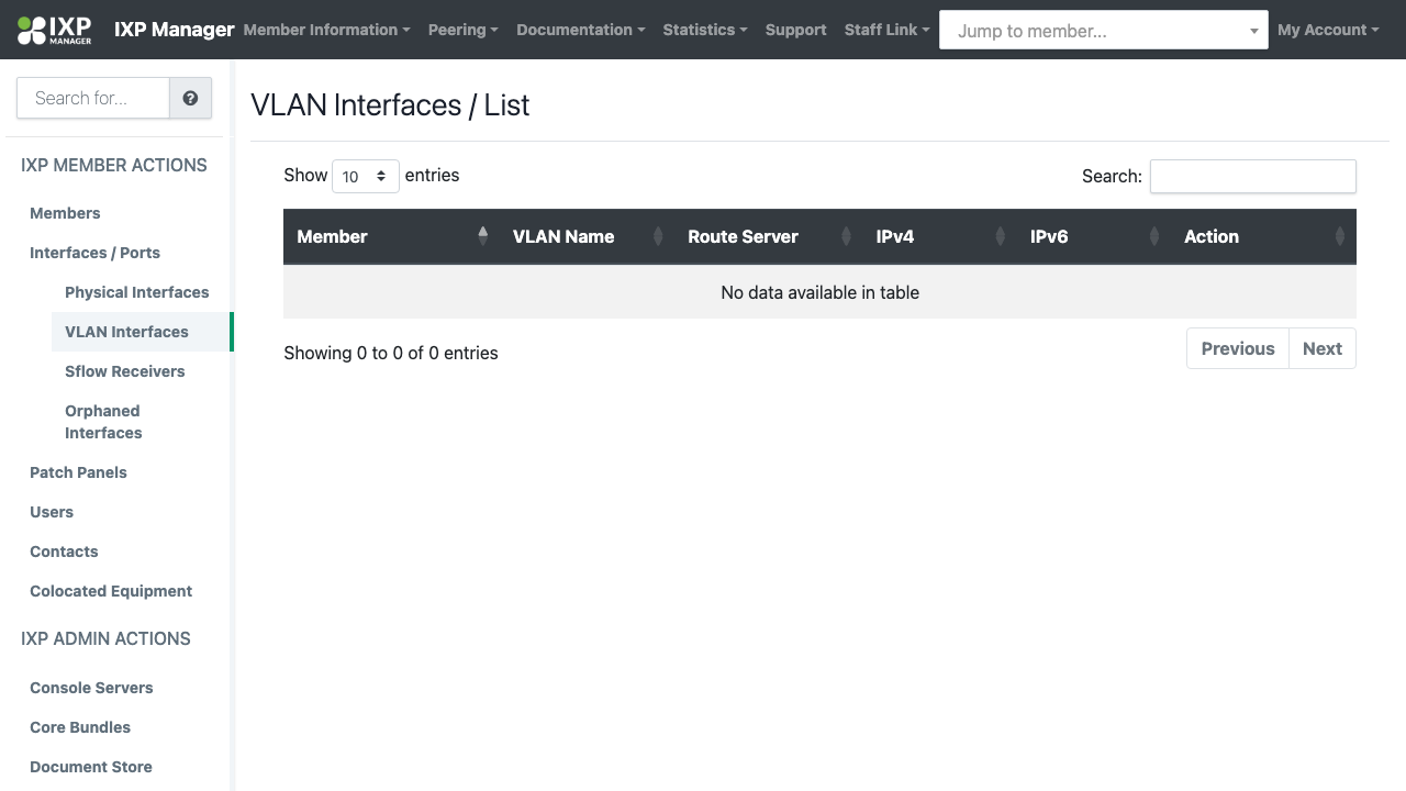 the VLANs List page listing the peering VLAN defined for the seeded infrastructure