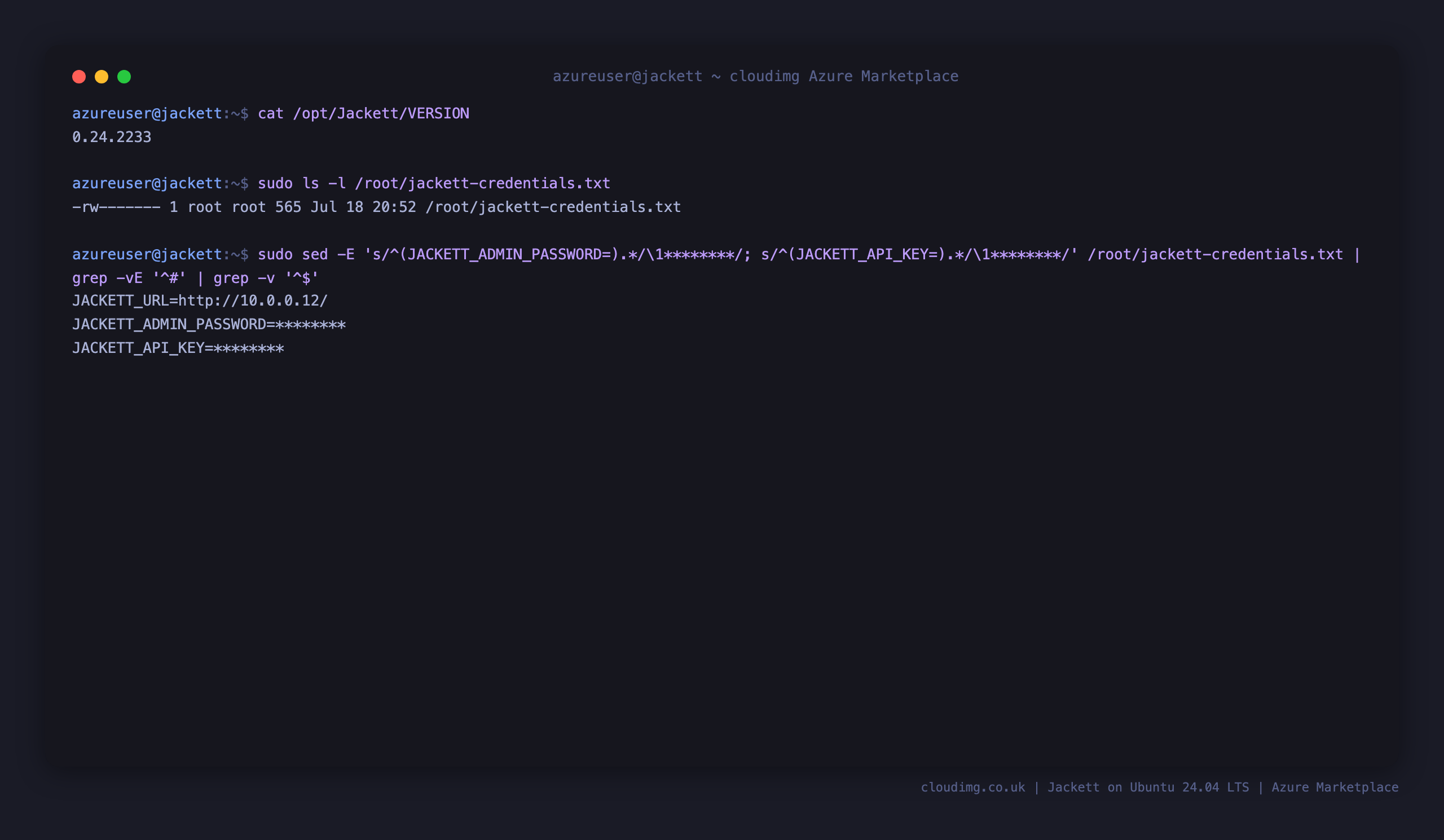 The Jackett version and the per VM credentials file with the generated admin password and API key redacted