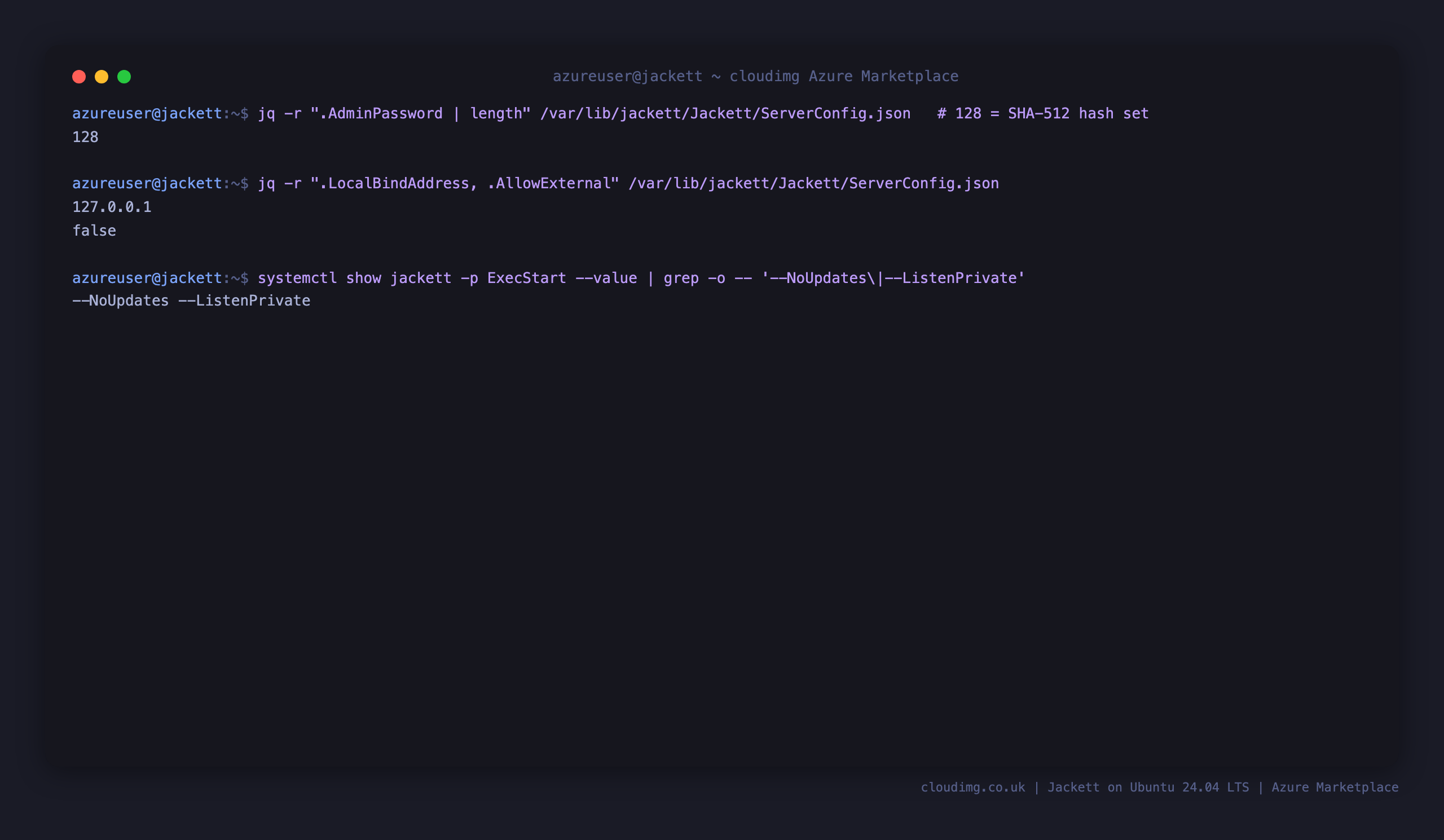 Jackett security posture: the AdminPassword stored as a 128 character SHA-512 hash, LocalBindAddress 127.0.0.1 with AllowExternal false, and the service started with NoUpdates