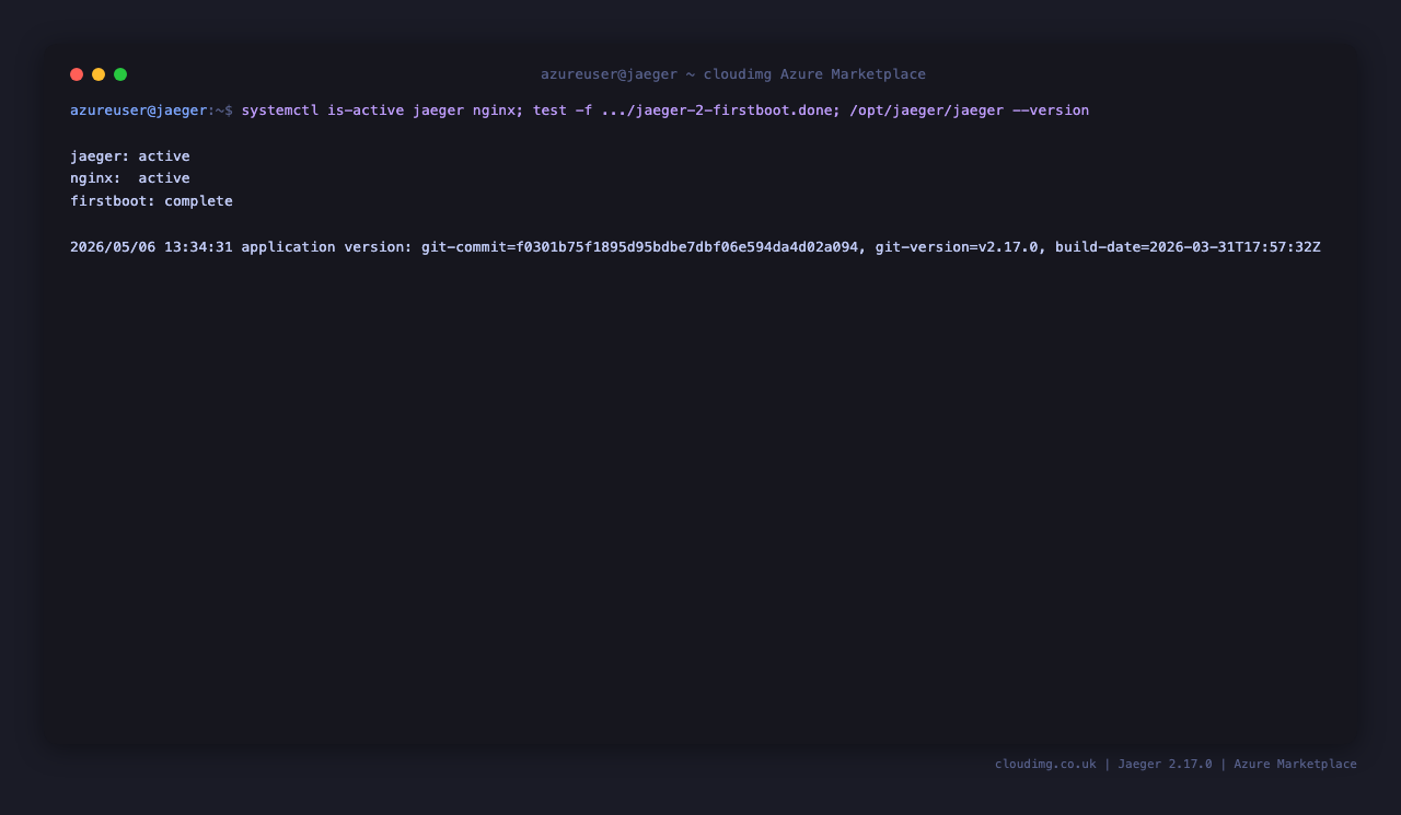 jaeger and nginx active, firstboot sentinel complete, Jaeger 2.17.0 reported