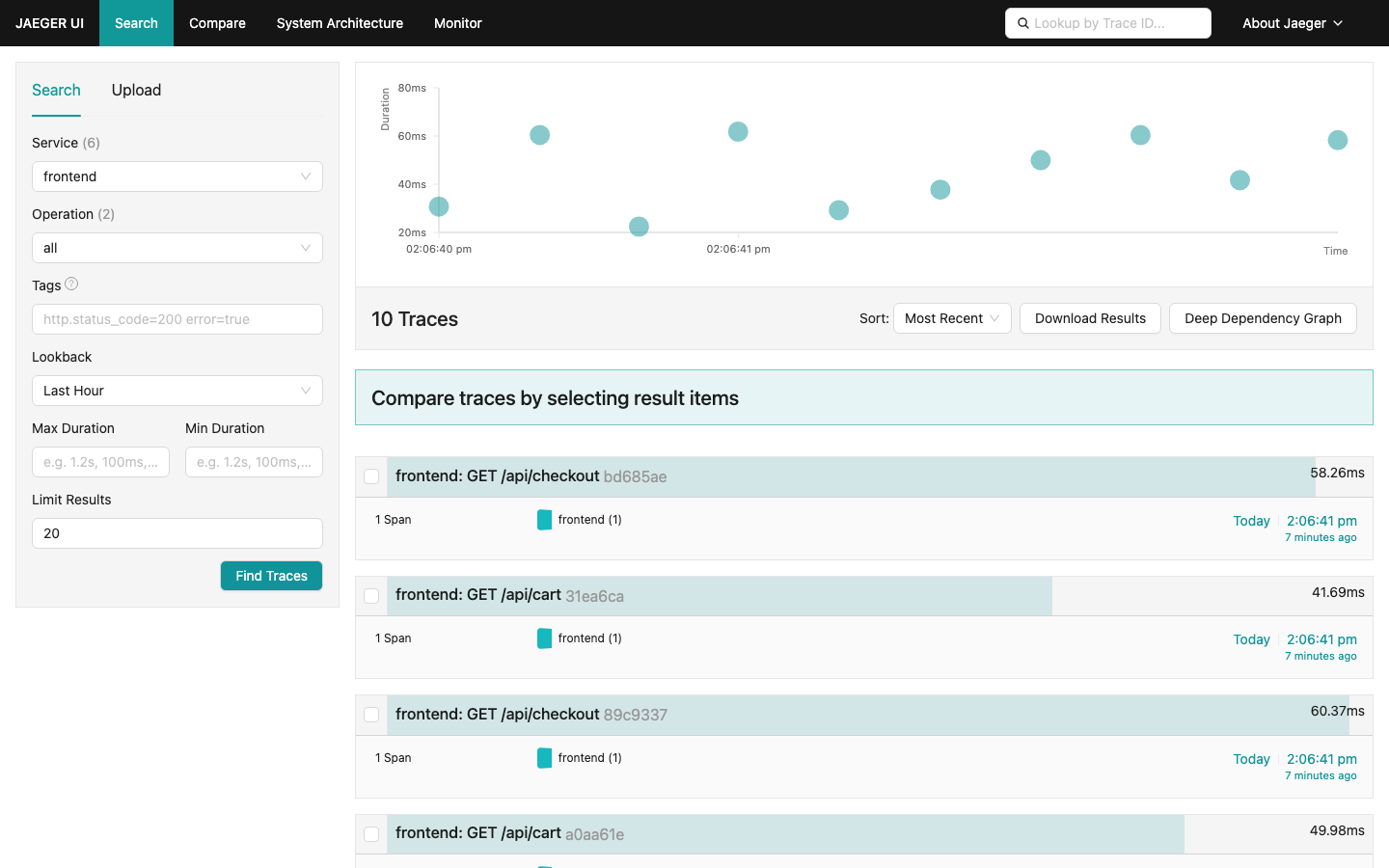 Service dropdown and trace list