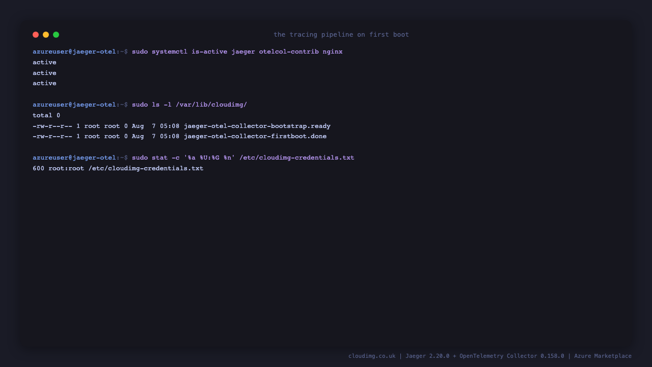 The three pipeline services reporting active, with the first boot marker and sentinel present and the credentials file owned by root with mode 0600