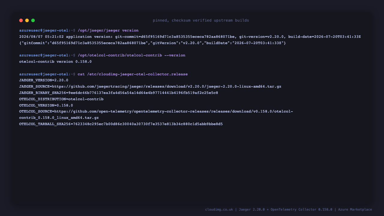 Both binaries reporting their pinned versions alongside the recorded upstream download URLs and SHA256 checksums