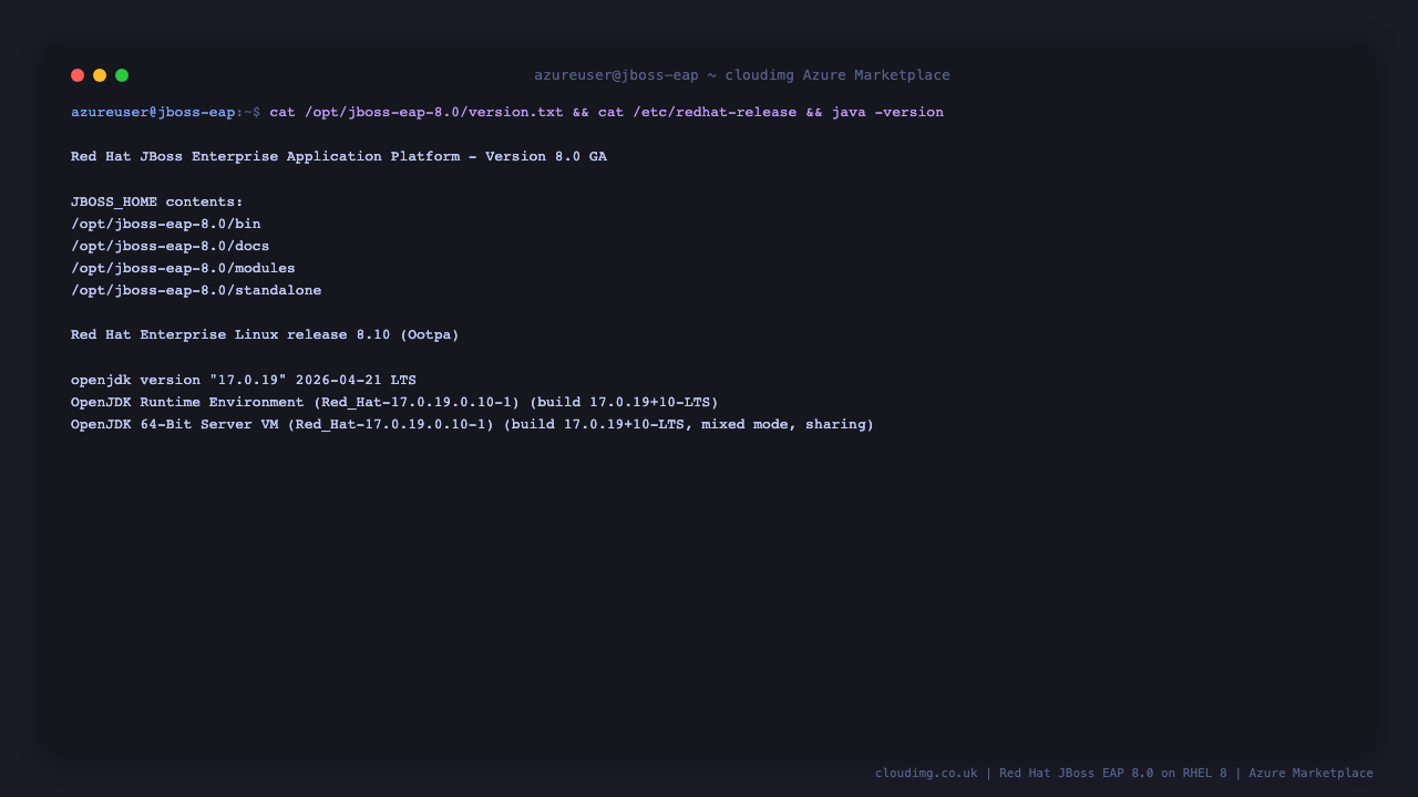 Red Hat JBoss EAP 8.0 version banner: cat /opt/jboss-eap-8.0/version.txt + /etc/redhat-release + java -version showing OpenJDK 17.0.19 LTS on RHEL 8.10